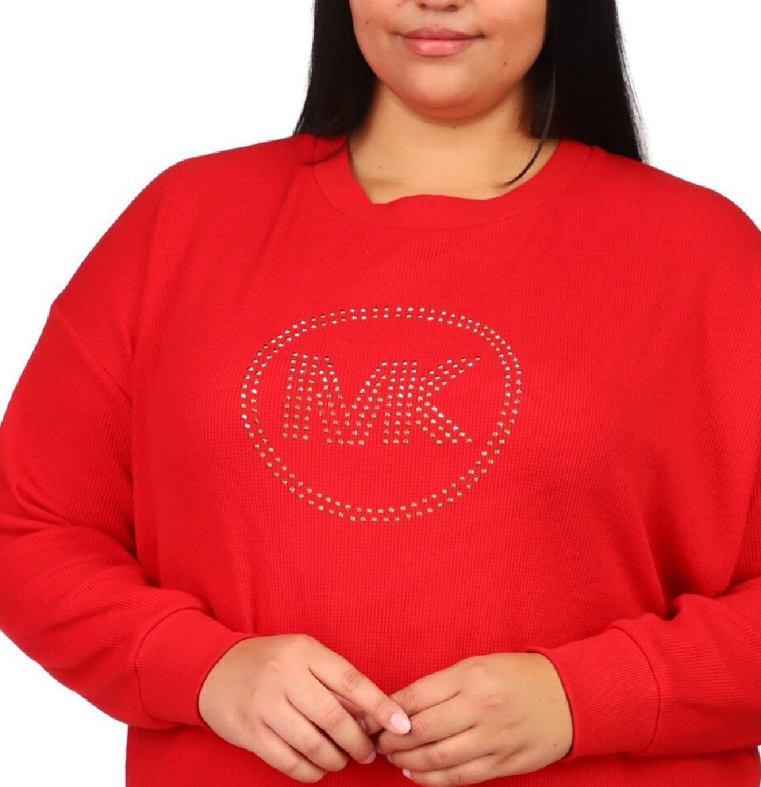 Camiseta feminina Michael Kors com logo de strass e malha waffle, vermelha, tamanho 2X