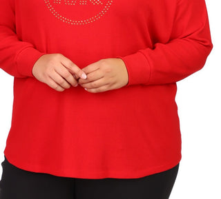 Camiseta feminina Michael Kors com logo de strass e malha waffle, vermelha, tamanho 2X