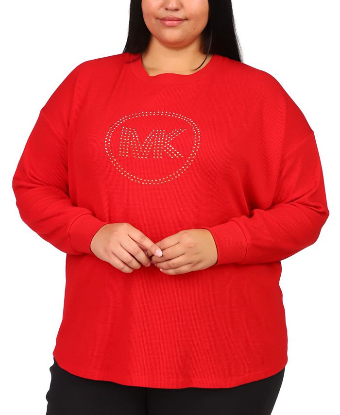 Camiseta feminina Michael Kors com logo de strass e malha waffle, vermelha, tamanho 4X
