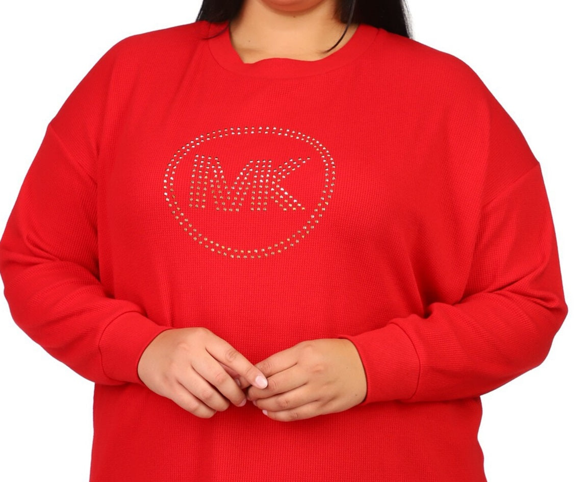 Camiseta feminina Michael Kors com logo de strass e malha waffle, vermelha, tamanho 4X