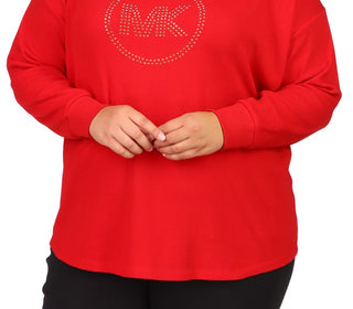 Camiseta feminina Michael Kors com logo de strass e malha waffle, vermelha, tamanho 4X