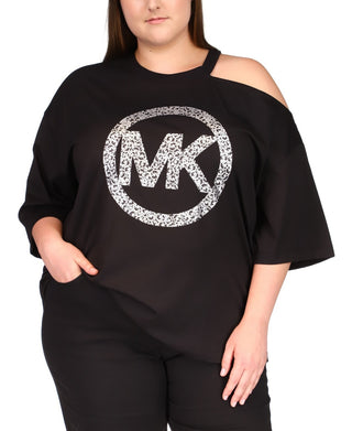 Camiseta feminina Michael Kors de algodão com estampa de logotipo e ombros descobertos, preta, tamanho 3X