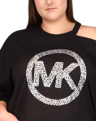 Camiseta feminina Michael Kors de algodão com estampa de logotipo e ombros descobertos, preta, tamanho 3X
