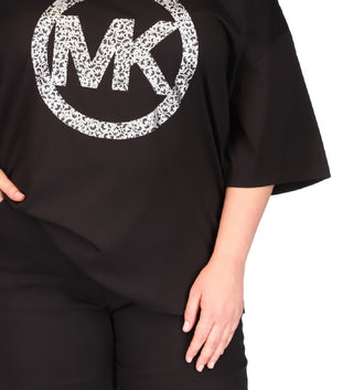 Camiseta feminina Michael Kors de algodão com estampa de logotipo e ombros descobertos, preta, tamanho 3X