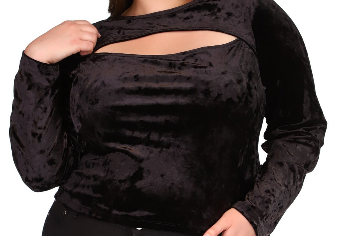Blusa de veludo com recorte de manga comprida feminina Michael Kors, preta, tamanho 3X