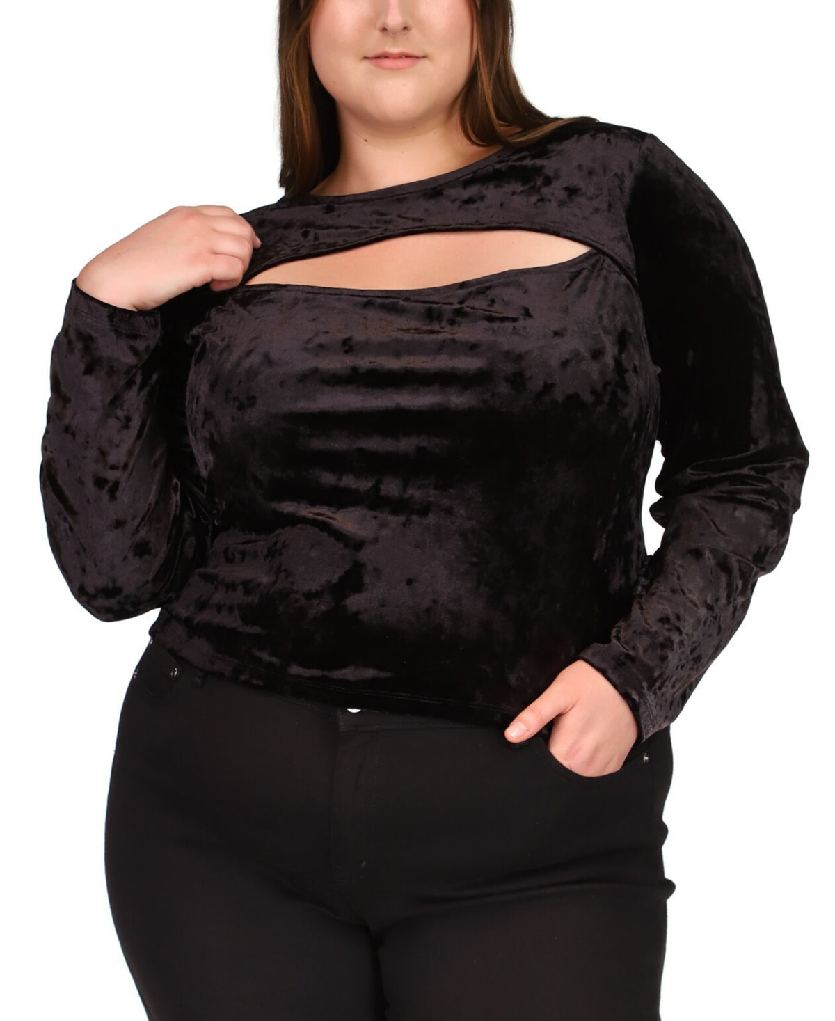 Blusa de veludo com recorte de manga comprida feminina Michael Kors, preta, tamanho 3X