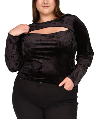 Blusa de veludo com recorte de manga comprida feminina Michael Kors, preta, tamanho 3X