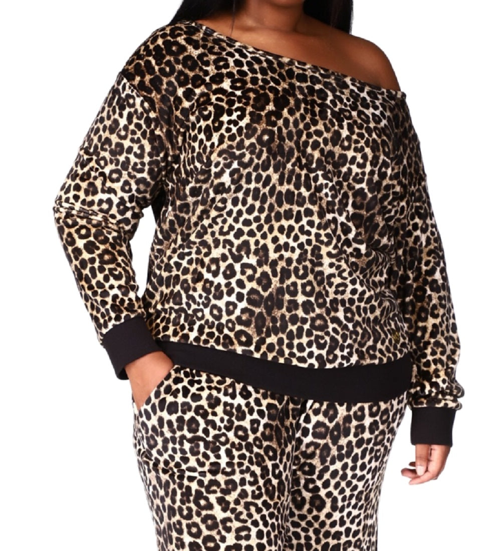 Blusa feminina Michael Kors com estampa animal e ombros de fora em veludo marrom, tamanho 1X