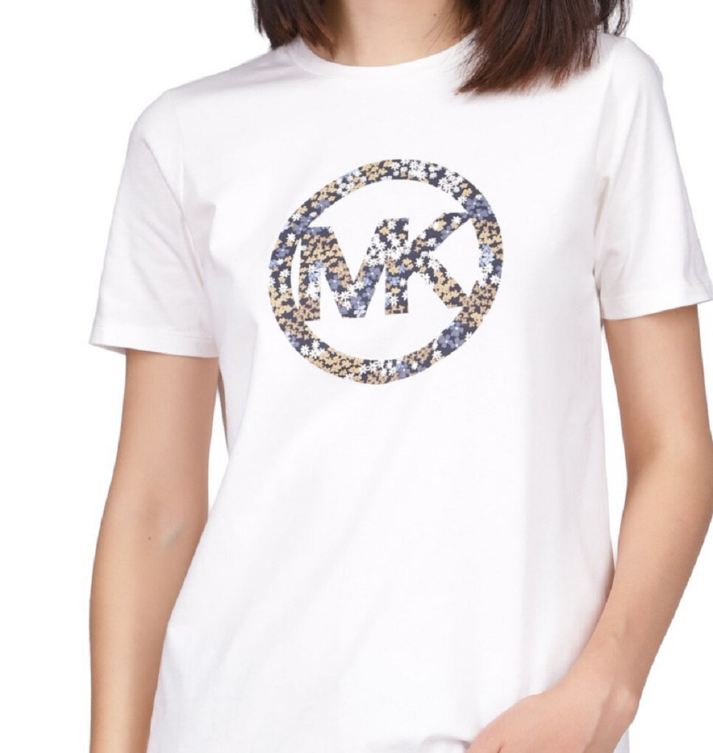 Camiseta feminina floral de manga curta Michael Kors, branca, tamanho pequeno médio