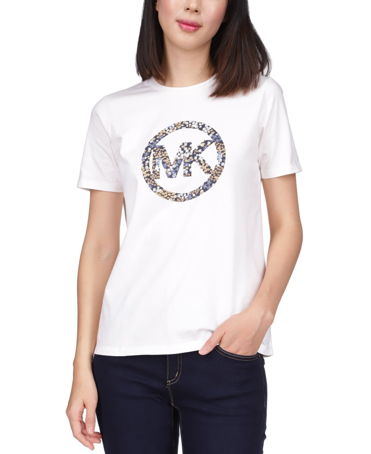 Camiseta feminina floral de manga curta Michael Kors, branca, tamanho pequeno grande