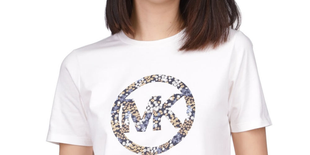 Camiseta feminina floral de manga curta Michael Kors, branca, tamanho pequeno grande