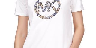Camiseta feminina floral de manga curta Michael Kors, branca, tamanho pequeno grande