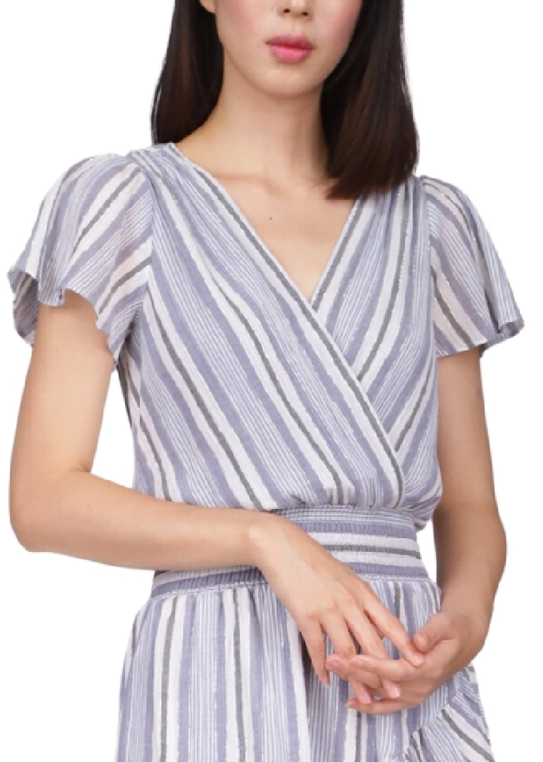 Vestido envelope falso listrado de manga curta feminino Michael Kors, azul, tamanho médio