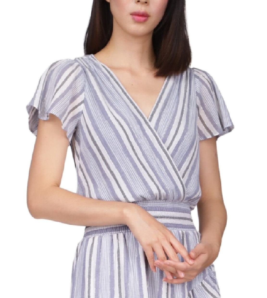 Vestido envelope falso listrado de manga curta feminino Michael Kors, azul