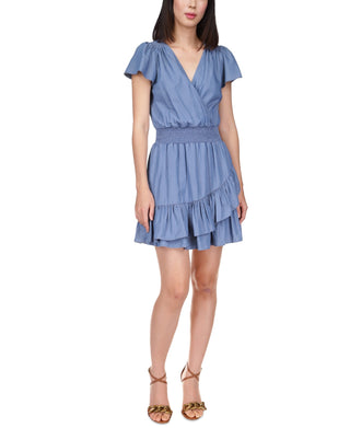 Michael Kors Women's Smocked Wrap Dress Blue Size Medium