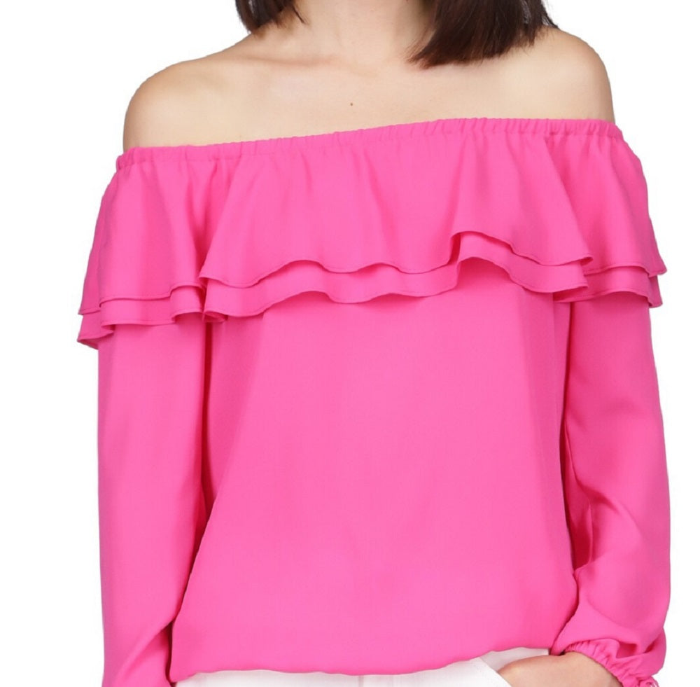 Blusa camponesa com babados e ombros de fora, Michael Kors, feminina, rosa, tamanho extrapequeno