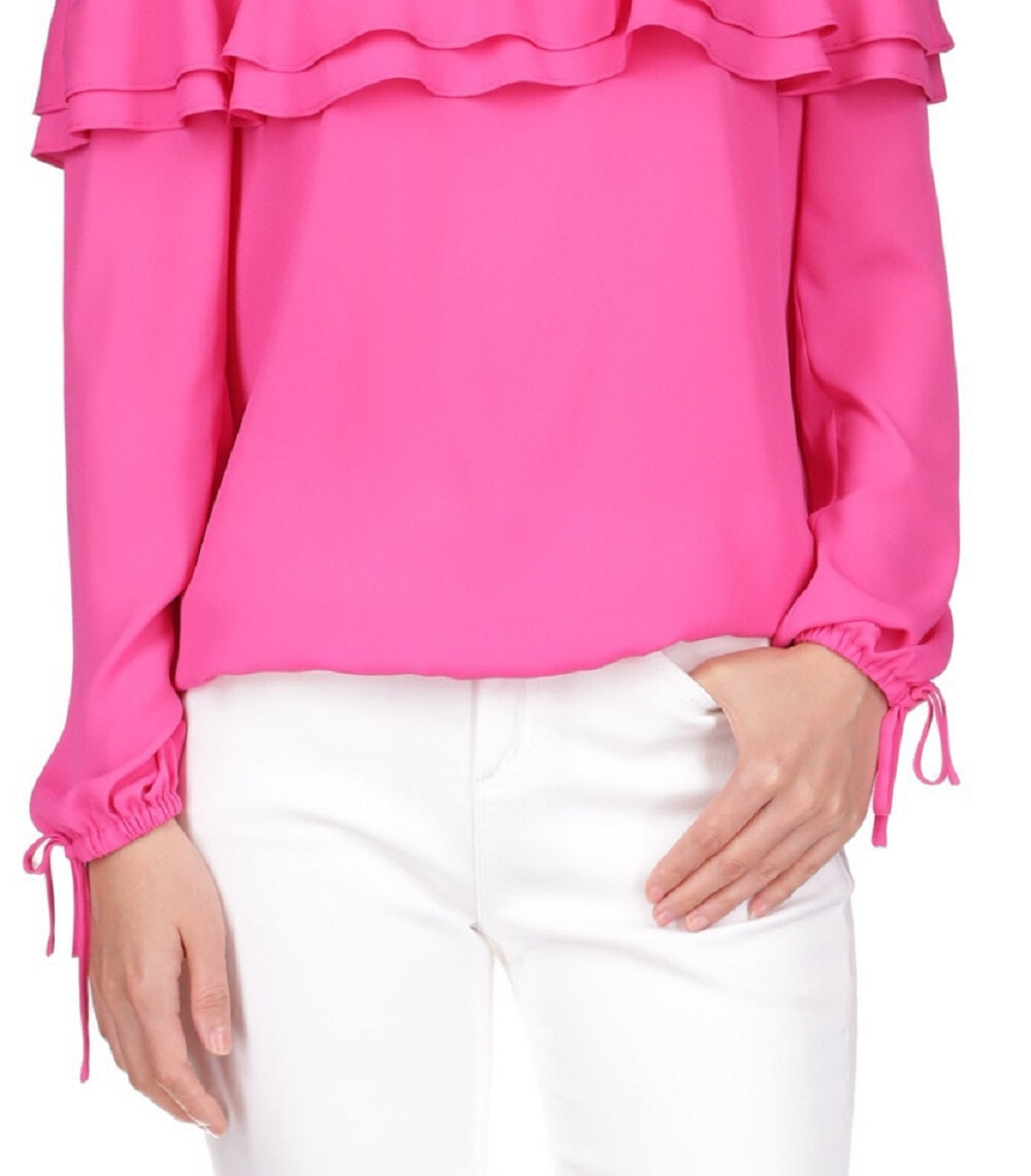 Blusa camponesa com babados e ombros de fora, Michael Kors, feminina, rosa, tamanho extrapequeno