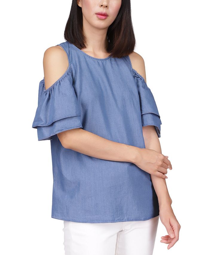 Blusa feminina Michael Kors com mangas em camadas e ombros descobertos, azul