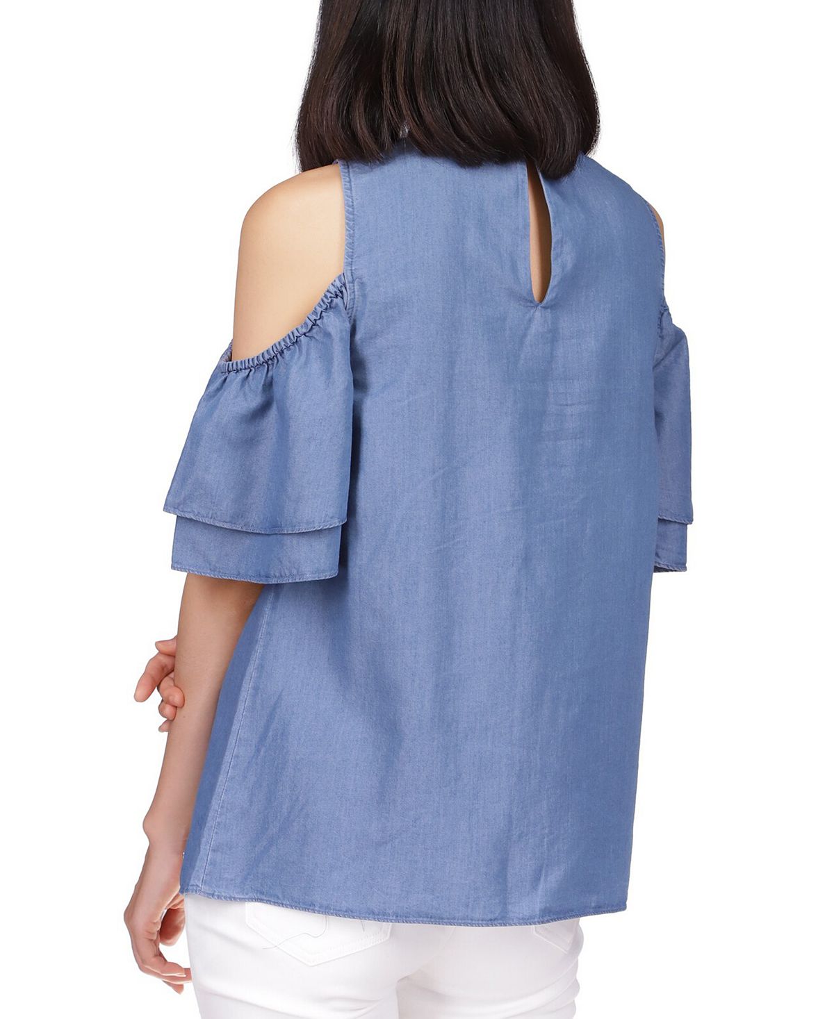 Blusa feminina Michael Kors com mangas em camadas e ombros descobertos, azul