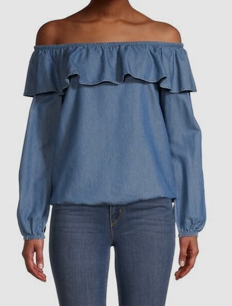 Blusa feminina Michael Kors com babados e ombros de fora, azul