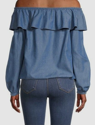 Blusa feminina Michael Kors com babados e ombros de fora, azul