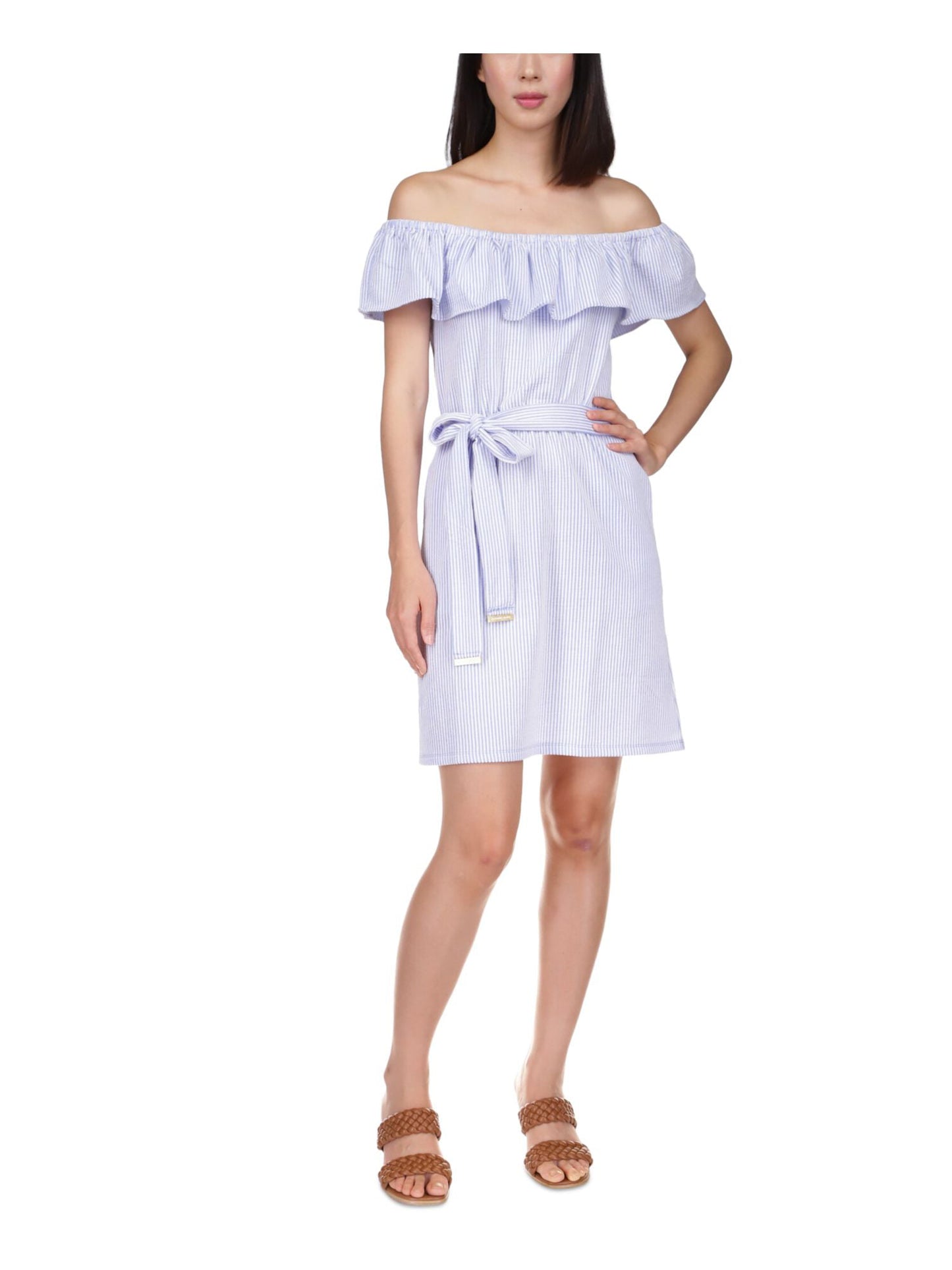 Vestido feminino Michael Kors com decote ombro a ombro e alças largas, azul, tamanho pequeno