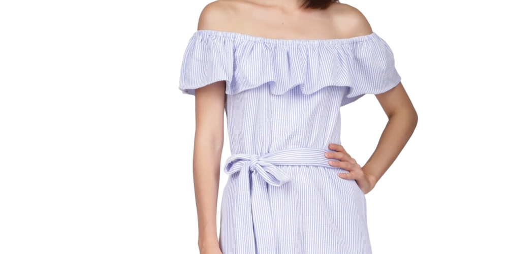 Vestido feminino Michael Kors com decote ombro a ombro e alças largas, azul, tamanho pequeno