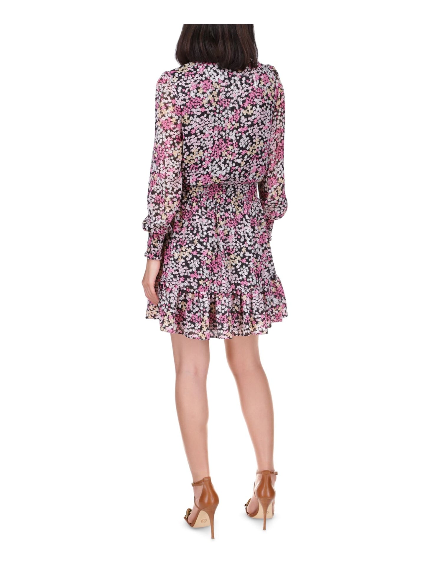 Vestido curto Michael Kors feminino, com babados, saia transparente em camadas, forro floral, manga comprida, decote sobrepeliz, festa, tamanho pequeno, grande, vermelho