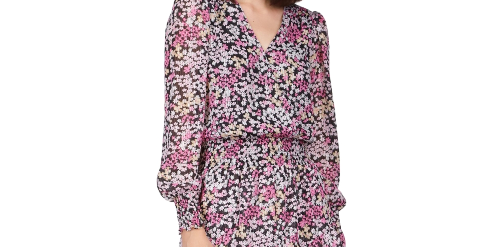 Vestido curto Michael Kors feminino, com babados, saia transparente em camadas, forro floral, manga comprida, decote sobrepeliz, festa, tamanho pequeno, grande, vermelho