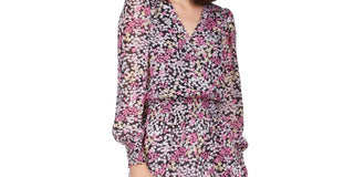 Vestido curto Michael Kors feminino, com babados, saia transparente em camadas, forro floral, manga comprida, decote sobrepeliz, festa, tamanho pequeno, grande, vermelho