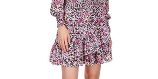 Vestido curto Michael Kors feminino, com babados, saia transparente em camadas, forro floral, manga comprida, decote sobrepeliz, festa, tamanho pequeno, grande, vermelho