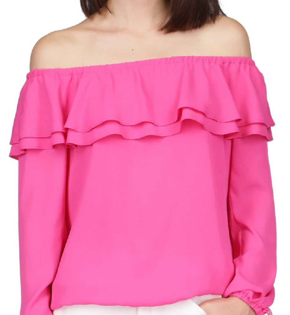 Blusa feminina Michael Kors com babados e ombro caído, rosa, tamanho pequeno grande
