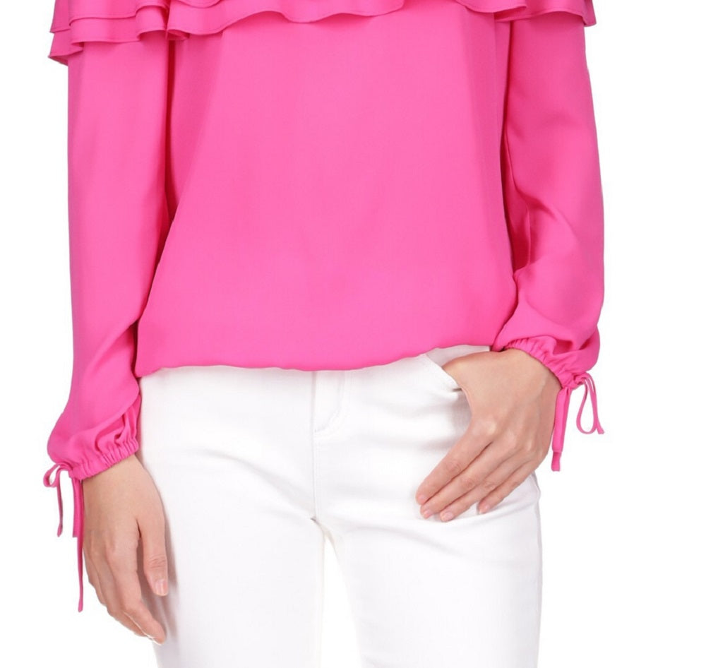 Blusa feminina Michael Kors com babados e ombro caído, rosa, tamanho pequeno grande
