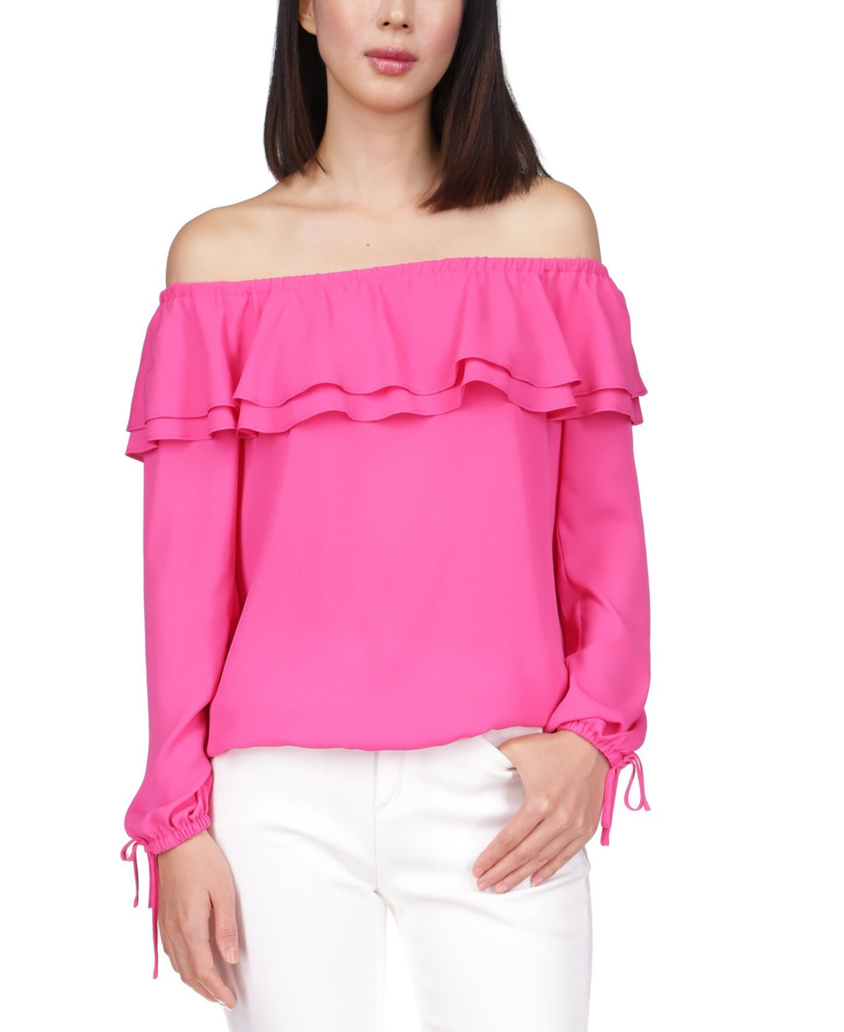 Blusa feminina Michael Kors com babados e ombro caído, rosa, tamanho pequeno grande