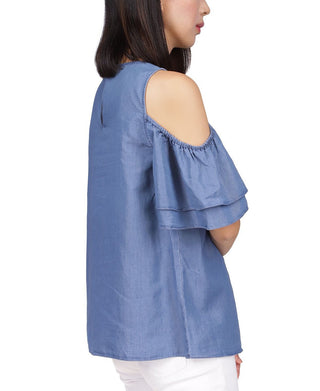 Blusa feminina Michael Kors com babados e ombros de fora, azul