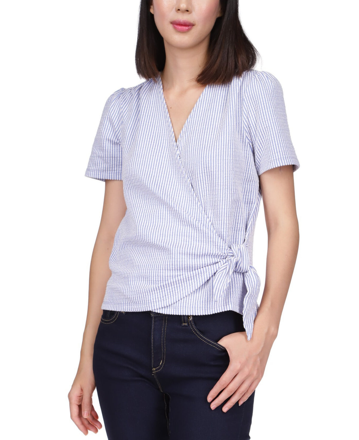 Blusa envolvente de manga curta feminina Michael Kors, azul, tamanho pequeno grande