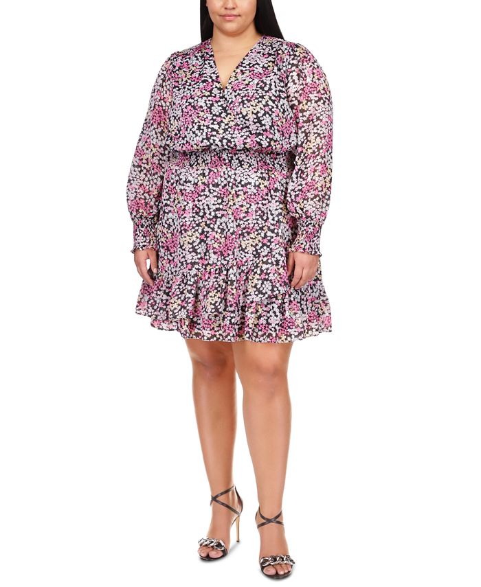 Vestido feminino com babados e estampa floral Julia Michael Kors, rosa