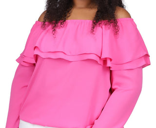 Blusa camponesa com babados e ombros de fora, Michael Kors, feminina, rosa, tamanho 2X