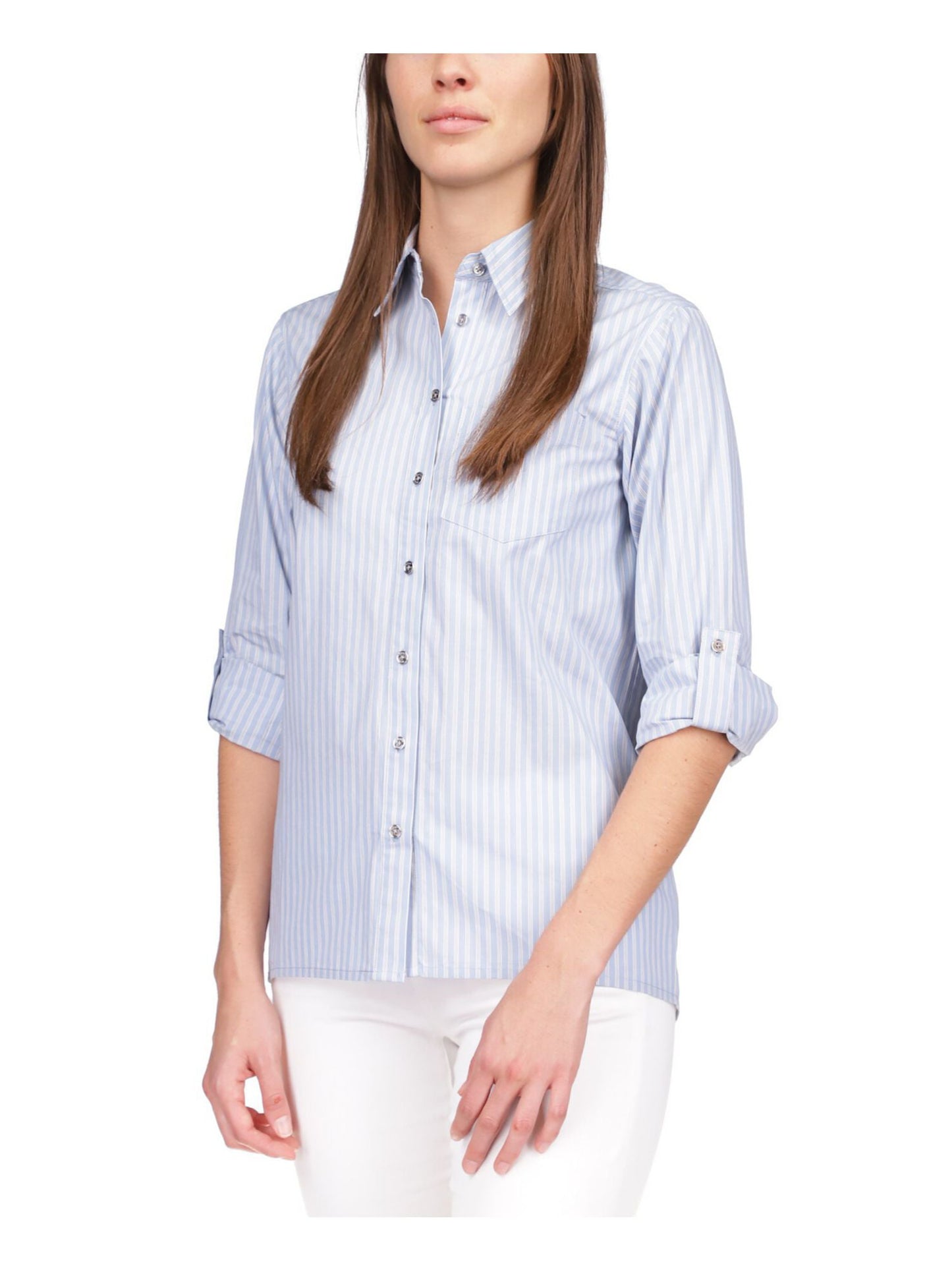 Blusa feminina Michael Kors com bolsos, listrada, manga comprida, gola alta, botões, azul, tamanho X-S