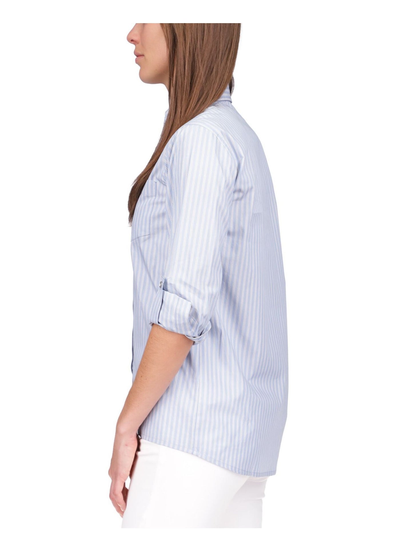 Blusa feminina Michael Kors com bolsos, listrada, manga comprida, gola alta, botões, azul, tamanho X-S