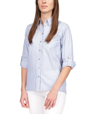 Blusa Ralph Lauren Feminina Listrada com Bolsos e Mangas Enroladas, Gola Pontilhada e Botões Azul, Tamanho Médio