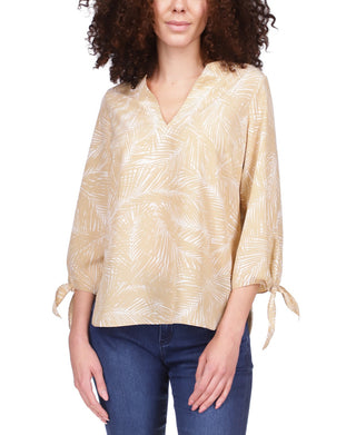 Blusa feminina Michael Kors com estampa e punho amarração, marrom, tamanho grande