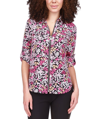 Blusa feminina Lucky Brand com zíper, bainha inferior, manga bufante, gola alta, rosa, tamanho extrapequeno