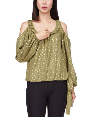 Blusa feminina Michael Kors estampada com ombro vazado e bainha amarrada, verde, tamanho pequeno