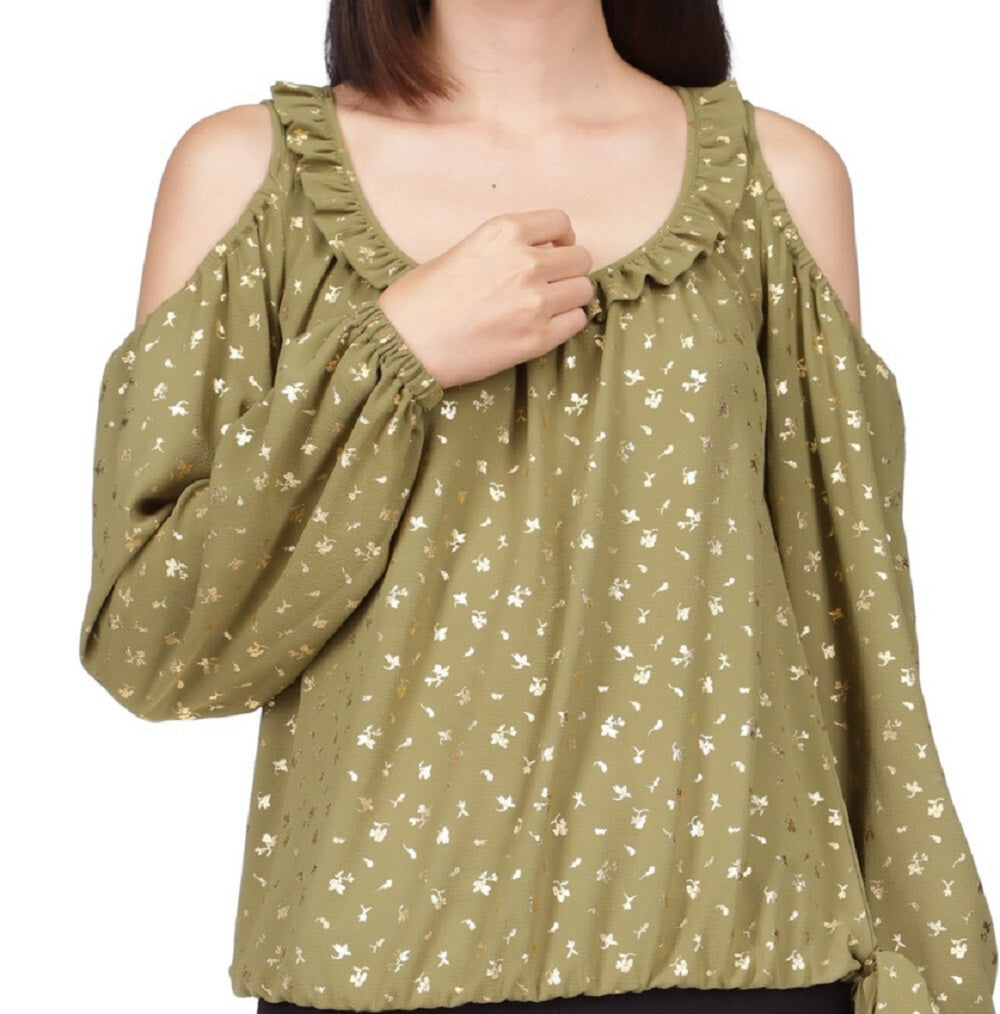 Blusa feminina Michael Kors estampada com ombro vazado e bainha amarrada, verde, tamanho pequeno