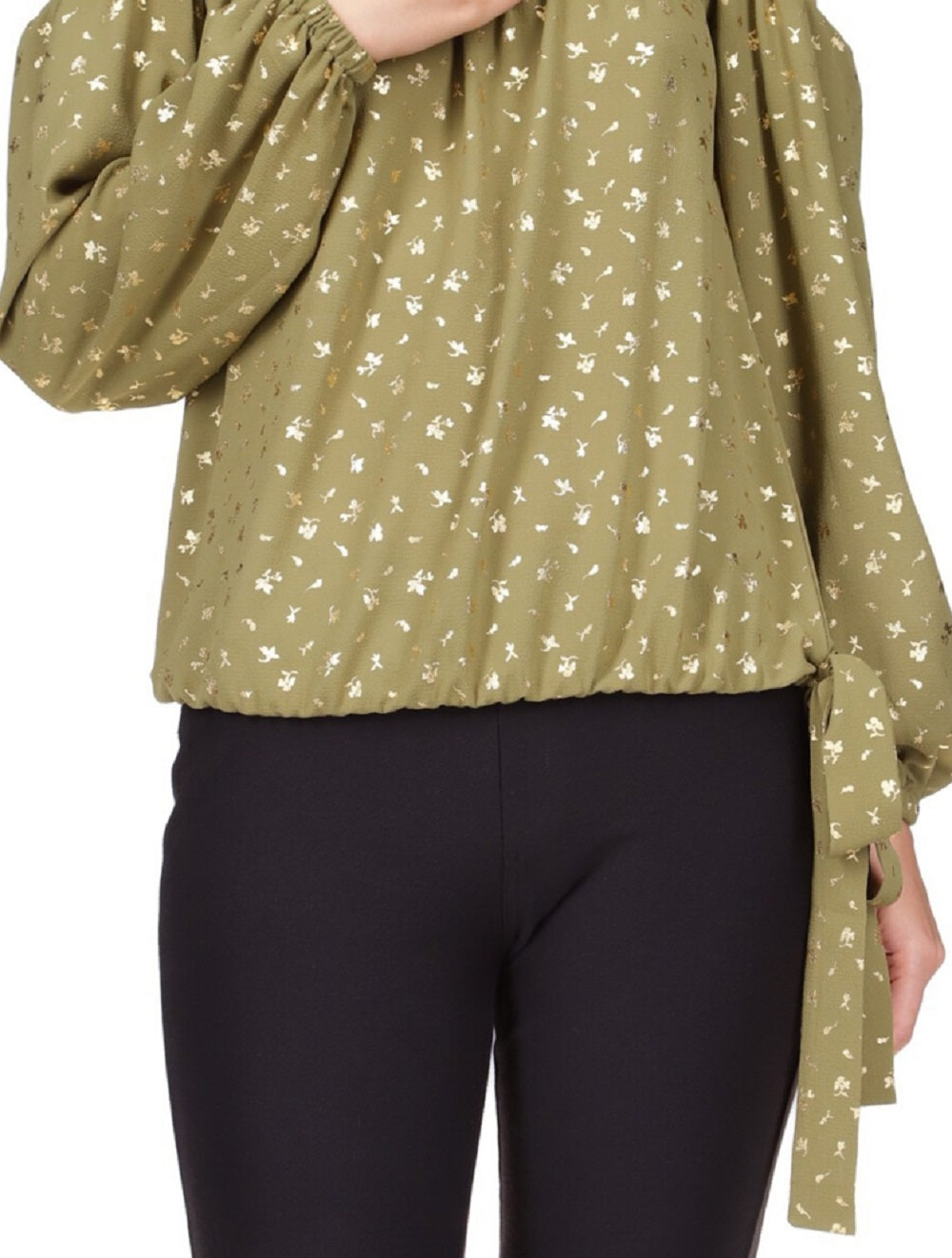 Blusa feminina Michael Kors estampada com ombro vazado e bainha amarrada, verde, tamanho pequeno