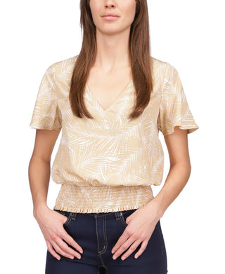 Blusa feminina Michael Kors Palm Granulado Crepe com bainha franzida, marrom, tamanho médio