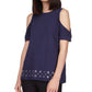 Blusa feminina Michael Kors de algodão com ombros descobertos e bainha enfeitada, azul, tamanho XX-G
