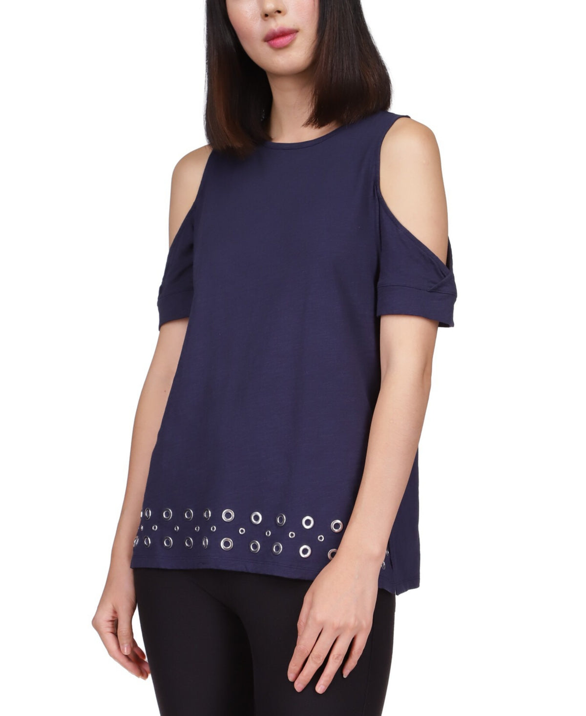 Blusa feminina Michael Kors de algodão com ombros descobertos e bainha enfeitada, azul, tamanho XX-G