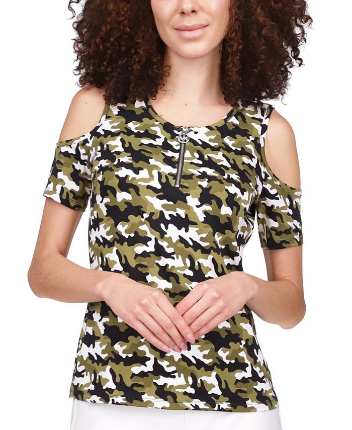 Blusa feminina Michael Kors estampada com ombros descobertos, verde, tamanho médio